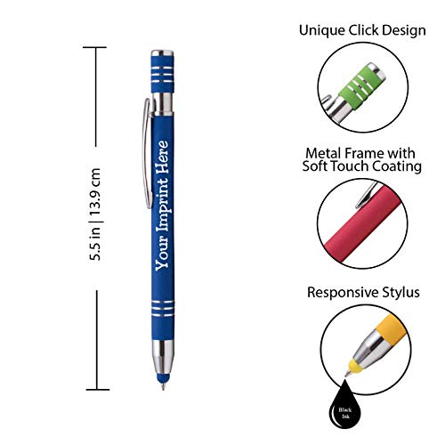 Soft-Touch Custom Pens with Stylus Personalized Metal Printed Name Pens - Black Ink - Imprinted Message of Choice - 12 pcs/pack
