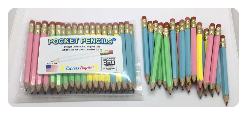 Pastel Assortment Golf Pencils with Eraser - Half, Classroom, Pew, Short, Mini, Small, Non Toxic - Hexagon, Sharpened, 2 Pencil, Color - Asst. Pastels, Pkg of 36 Pocket Pencils by Express Pencils
