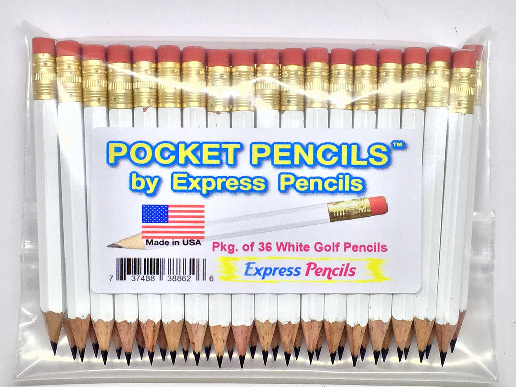 Half Pencils with Eraser - Golf, Classroom, Pew, Short, Mini, Small, Non Toxic - Hexagonal, Sharpened, 2 Pencil, Color - White, Pkg of 36 Pocket Pencils
