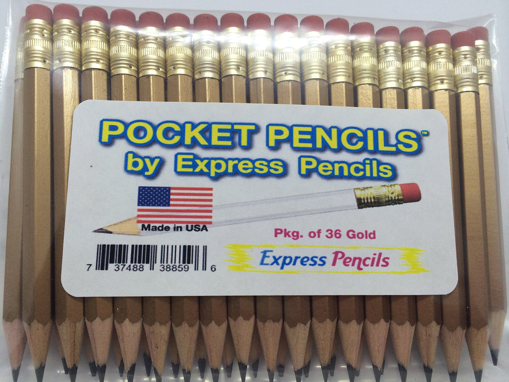 Half Pencils with Eraser - Golf, Classroom, Pew, Short, Mini - Hexagon, Sharpened, 2 Pencil, Color - Gold, Pkg of 36 Pocket Pencils