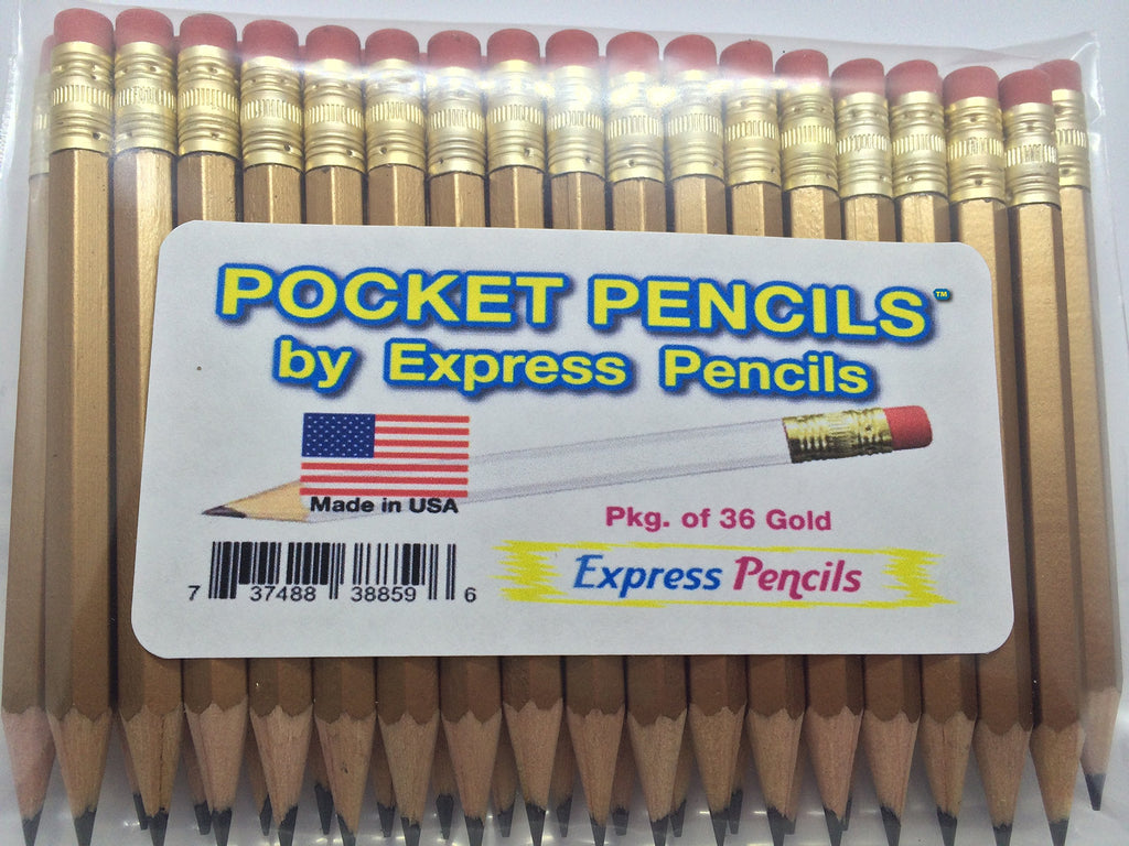 Half Pencils with Eraser - Golf, Classroom, Pew, Short, Mini - Hexagon, Sharpened, 2 Pencil, Color - Gold, Pkg of 36 Pocket Pencils