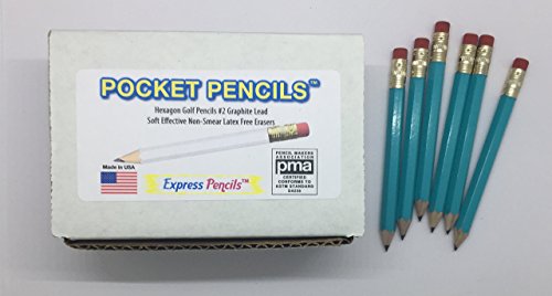 Half Pencils with Eraser - Golf, Classroom, Pew, Short, Mini - Hexagon, Sharpened, Non Toxic, #2 Pencil, Color - Light Turquoise, (Box of 48) Golf Pocket Pencils
