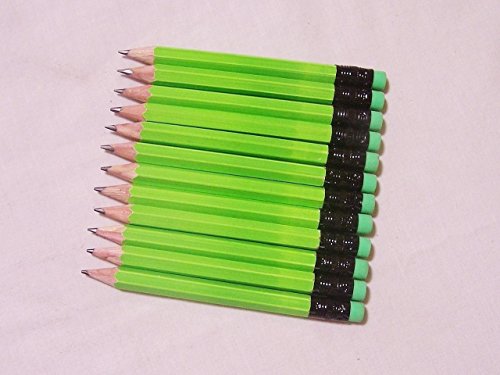 Half Pencils with Eraser - Golf, Classroom, Pew - Hexagon, Sharpened, 2 Pencil, Color - Neon Green, Black Ferrules and Matching Erasers, Box of 72 Pocket Pencils