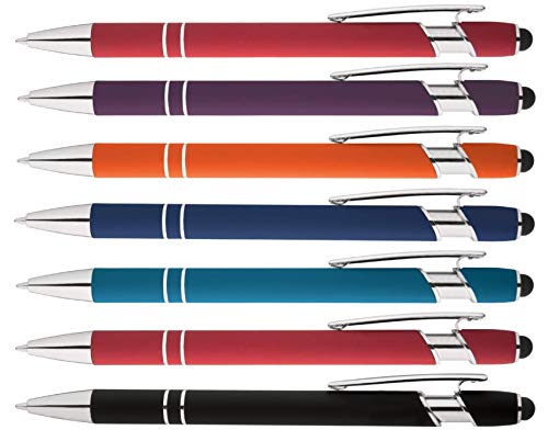 Rainbow Rubberized Soft Touch Ballpoint Pen with Stylus Tips a stylish, premium metal pen, black ink, medium point. Box of 7