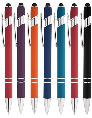 Rainbow Rubberized Soft Touch Ballpoint Pen with Stylus Tips a stylish, premium metal pen, black ink, medium point. Box of 7