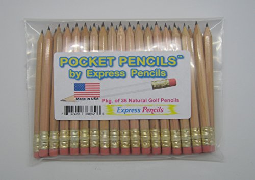 Natural Golf Pencils with Eraser - Half, Classroom, Pew, Short, Mini, Small, Non Toxic - Hexagon, Sharpened, 2 Pencil, Color - Natural, Pkg of 36 Pocket Pencils by Express Pencils