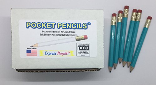 Half Pencils with Eraser - Golf, Classroom, Pew, Short, Mini - Hexagon, Sharpened, Non Toxic, #2 Pencil, Color - Light Turquoise, (Box of 48) Golf Pocket Pencils