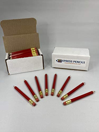 Red Golf Pencils with Eraser - Half, Classroom, Pew, Short, Mini, Small, Non Toxic - Hexagon, Sharpened, 2 Pencil, Color - Red, Pkg of 36 Pocket Pencils