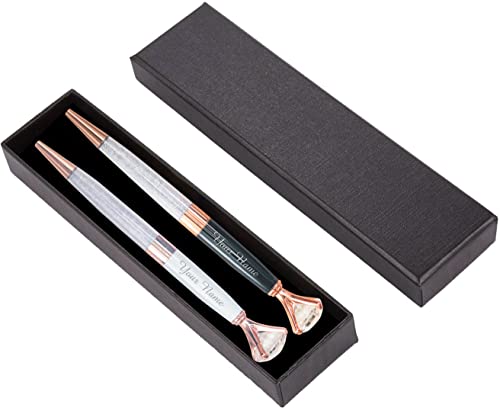 Personalized Diamond Pens Gift Set - 2 Pack Metal Gem Pens w/gift box - Metallic Custom Engraved with Name or Message | Perfect for Her