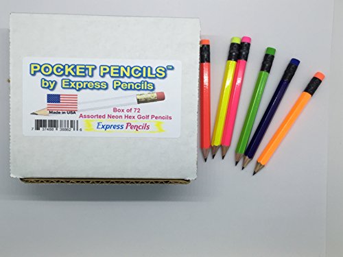 Half Pencils with Eraser - Golf, Classroom, Pew, Short, Mini, Small. Church, Non Toxic - Hexagon, Sharpened, 2 Pencil, Color - (Assorted Neon Colors), (Box of 72) 1/2 Gross Golf Pocket Pencil