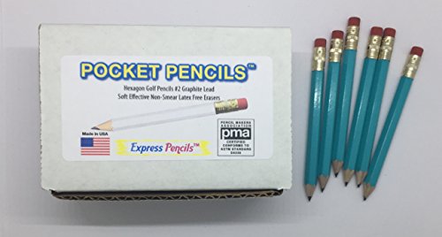 Half Pencils with Eraser - Golf, Classroom, Pew, Short Mini Non Toxic - Hexagon, Sharpened, 2 Pencil, (Color - Light Turquoise), (Box of 72) half gross Golf Pocket Pencils by Express Pencils