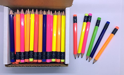 Half Pencils with Eraser - Golf, Classroom, Pew, Short, Mini, Small. Church, Non Toxic - Hexagon, Sharpened, 2 Pencil, Color - (Assorted Neon Colors), (Box of 72) 1/2 Gross Golf Pocket Pencil