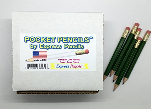 Half Pencils with Eraser - Golf, Classroom, Pew, Short, Mini, Non Toxic- Hexagon, Sharpened, 2 Pencil, Color - Army Green, Box of 72 (half gross) Golf Pocket Pencils