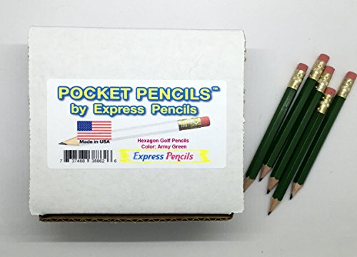 Half Pencils with Eraser - Golf, Classroom, Pew, Short, Mini, Non Toxic- Hexagon, Sharpened, 2 Pencil, Color - Army Green, Box of 144 (gross) Golf Pocket Pencils