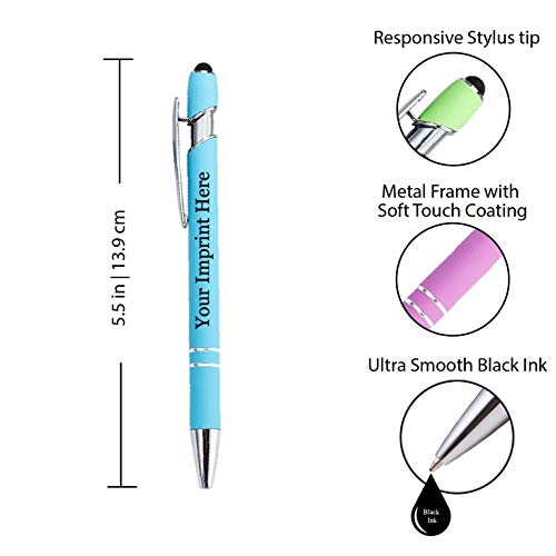 Pastel Premium Custom Pens with Stylus | Personalized Soft-Touch Metal Printed Name Pens w/Black Ink - Imprinted w/Logo or Message - 12 pcs/pack
