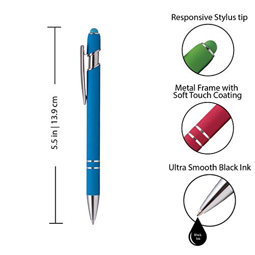Rubberized Soft Touch | Burst of Color | Ballpoint Pen with Stylus Tip a stylish, premium metal pen, black ink, medium point - Pack of 7