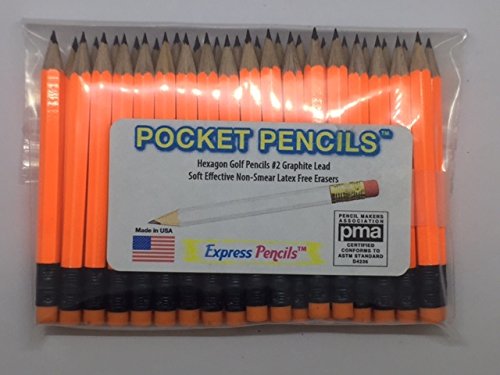 Neon Orange Golf Pencils with Eraser - Half, Classroom, Pew, Short, Mini, Small, Non Toxic - Hexagon, Sharpened, 2 Pencil, Color - Neon Orange, Pkg of 36 Pocket Pencils