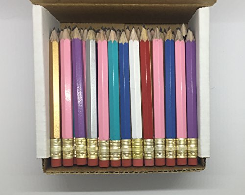 Half Pencils with Eraser - Golf, Classroom, Pew, Short, Mini - Hexagon, Sharpened, Non Toxic, Non-Smudge, 2 Pencil, Wood Cased, Color -Assorted Mix of Colors, (Box of 48) Golf Pocket Pencils