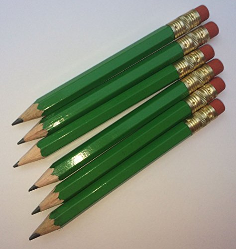 Half Pencils with Eraser - Golf, Classroom, Pew, Short, Mini, Non Toxic- Hexagon, Sharpened, 2 Pencil, Color - Green, Box of 72 (half gross) Golf Pocket Pencils
