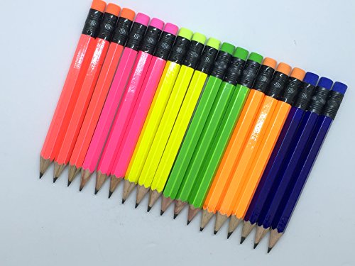 Half Pencils with Eraser - Golf, Classroom, Pew, Short, Mini - Hexagon, Sharpened, 2 Pencil, Color - Assorted Neons, Pkg of 36 Pocket Pencils