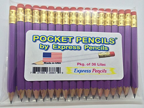 Half Pencils with Eraser - Golf, Classroom, Pew, Short, Mini, Small, Church - Hexagon, Sharpened, 2 Pencil, Color - Lilac, Pkg of 36 Pocket Pencils
