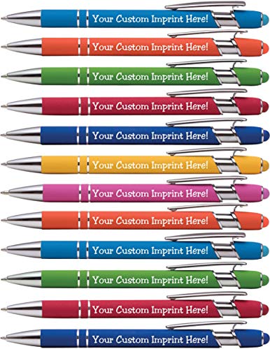 Premium Custom Pens with Stylus | Burst of Color | Personalized Soft-Touch Metal Printed Name Pens w/Black Ink - Imprinted w/Logo or Message - 12 pcs/pack