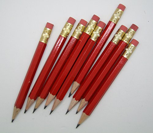 Red Golf Pencils with Eraser - Half, Classroom, Pew, Short, Mini, Small, Non Toxic - Hexagon, Sharpened, 2 Pencil, Color - Red, Pkg of 36 Pocket Pencils