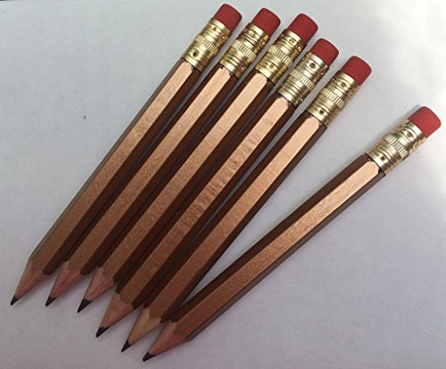 Half Pencils with Eraser - Golf, Classroom, Pew, Parties, Events, Short, Mini, Non Toxic, Hexagon, Sharpened, 2 Pencil, Color: Gold, Box of 72, (1/2 gross) Golf Pocket Pencils