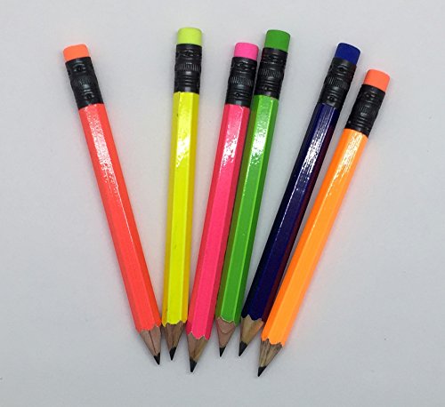 Half Pencils with Eraser - Golf, Classroom, Pew, Short, Mini, Small. Church, Non Toxic - Hexagon, Sharpened, 2 Pencil, Color - (Assorted Neon Colors), (Box of 72) 1/2 Gross Golf Pocket Pencil