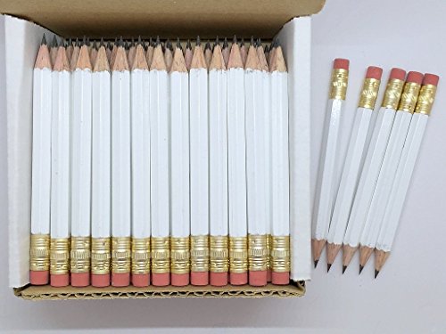 Half Pencils with Eraser - Golf, Classroom, Pew, Short, Mini, Non Toxic- Hexagon, Sharpened, 2 Pencil, Color - (White, Box of 144), Pocket PencilsTM