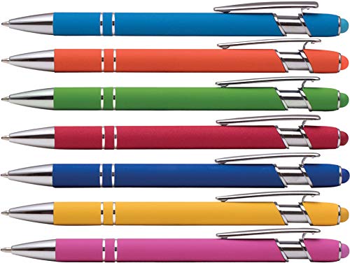 Rubberized Soft Touch | Burst of Color | Ballpoint Pen with Stylus Tip a stylish, premium metal pen, black ink, medium point - Pack of 7