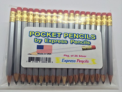 Half Pencils with Eraser - Golf, Classroom, Pew, Short, Mini - Hexagon, Sharpened, 2 Pencil, Color - Silver, Pkg of 36 Pocket Pencils