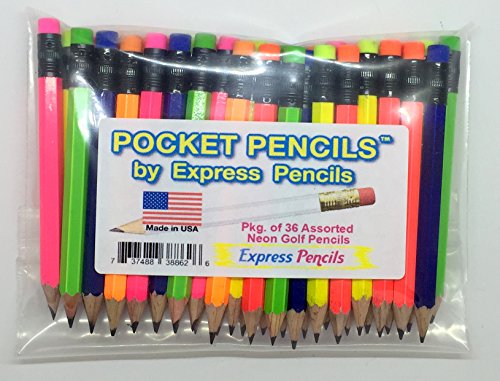 Half Pencils with Eraser - Golf, Classroom, Pew, Short, Mini - Hexagon, Sharpened, 2 Pencil, Color - Assorted Neons, Pkg of 36 Pocket Pencils
