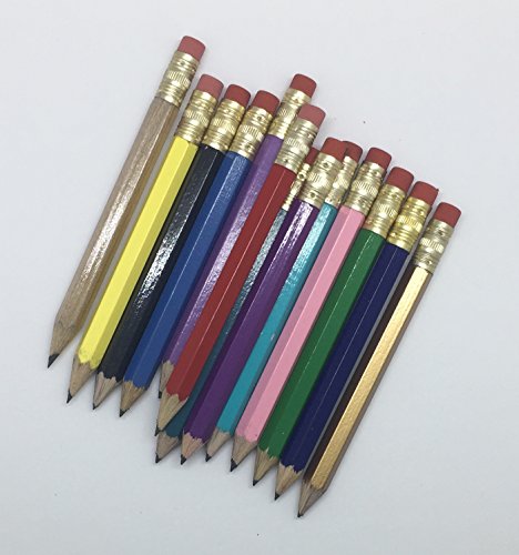 Half Pencils with Eraser - Golf, Classroom, Pew, Short, Mini - Hexagon, Sharpened, Non Toxic, Non-smudge, 2 Pencil, Wood Cased, Color -Assorted Mix