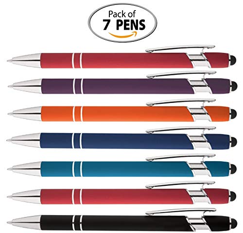 Rainbow Rubberized Soft Touch Ballpoint Pen with Stylus Tips a stylish, premium metal pen, black ink, medium point. Box of 7