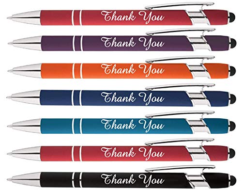 "Thank You" words imprinted on our Rainbow Soft Touch Ballpoint Pen with Stylus Tip is a stylish, premium metal pen, black ink, medium point. Box of 7