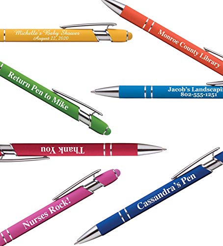 Premium Custom Pens with Stylus | Burst of Color | Personalized Soft-Touch Metal Printed Name Pens w/Black Ink - Imprinted w/Logo or Message - 12 pcs/pack