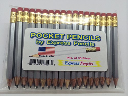 Half Pencils with Eraser - Golf, Classroom, Pew, Short, Mini - Hexagon, Sharpened, 2 Pencil, Color - Silver, Pkg of 36 Pocket Pencils