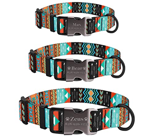 Personalized Dog Collar Tribal - Custom Engraved ID Tag Aztec - Small Medium or Large Size with Half Metal Buckle