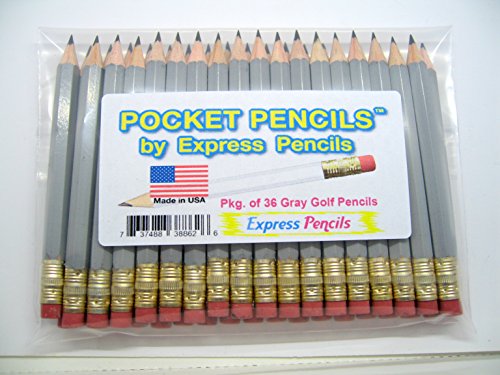 Gray (Grey) Golf Pencils with Eraser - Half, Classroom, Pew, Short, Mini, Small, Non Toxic - Hexagon, Sharpened, 2 Pencil, Color - Grey, Pkg of 36 Pocket Pencils