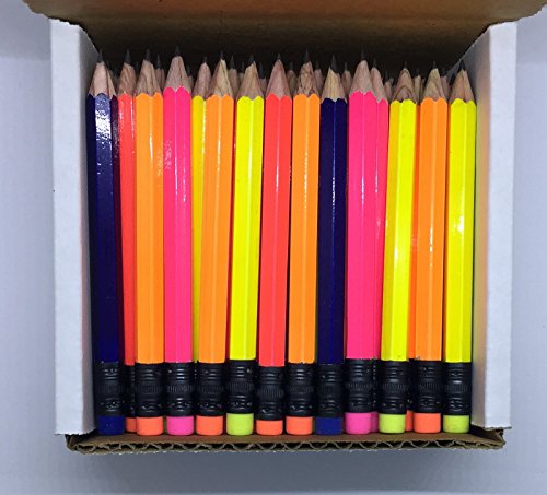 Half Pencils with Eraser - Golf, Classroom, Pew, Short, Mini, Small. Church, Non Toxic - Hexagon, Sharpened, 2 Pencil, Color - (Assorted Neon Colors), (Box of 72) 1/2 Gross Golf Pocket Pencil