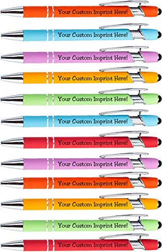 Pastel Premium Custom Pens with Stylus | Personalized Soft-Touch Metal Printed Name Pens w/Black Ink - Imprinted w/Logo or Message - 12 pcs/pack
