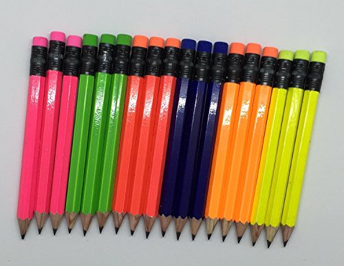 Half Pencils with Eraser - Golf, Classroom, Pew, Short, Mini, Small. Church, Non Toxic - Hexagon, Sharpened, 2 Pencil, Color - (Assorted Neon Colors), (Box of 144) One Gross Golf Pocket Pencil