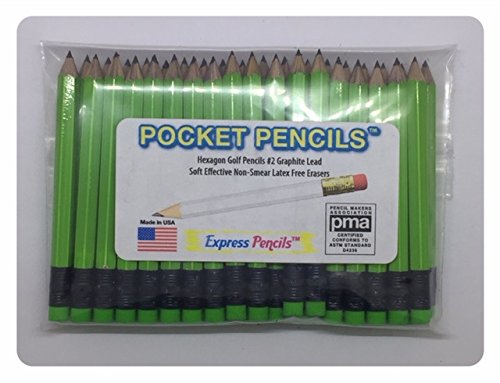 Neon Green Golf Pencils with Eraser - Half, Classroom, Pew, Short, Mini, Small, Non Toxic - Hexagon, Sharpened, 2 Pencil, Color - Neon Green, Pkg of 36 Pocket Pencils