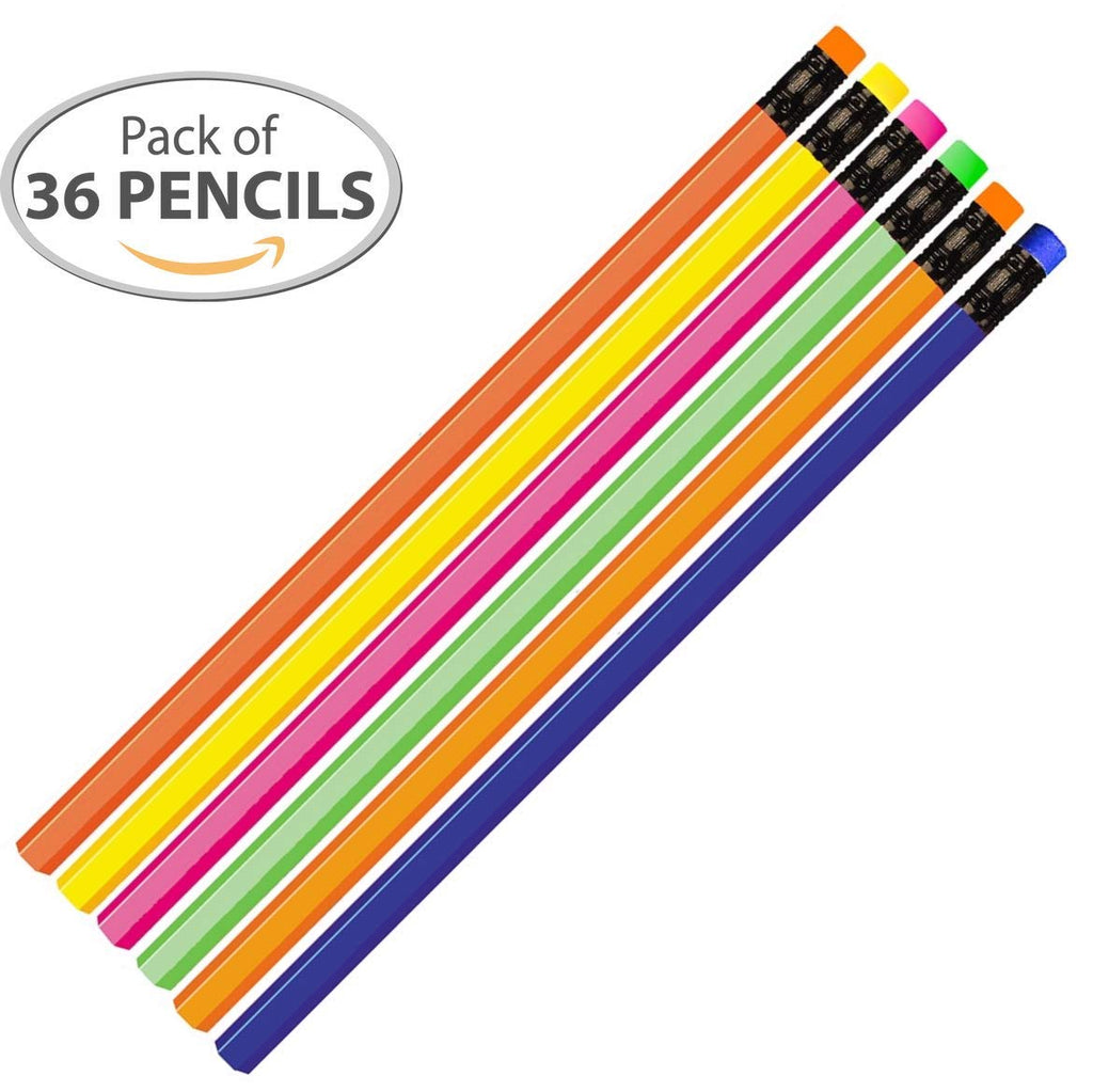 Neon Color (Assorted) Hexagon #2 Pencil, Eraser. 36 Pack. Express Pencils