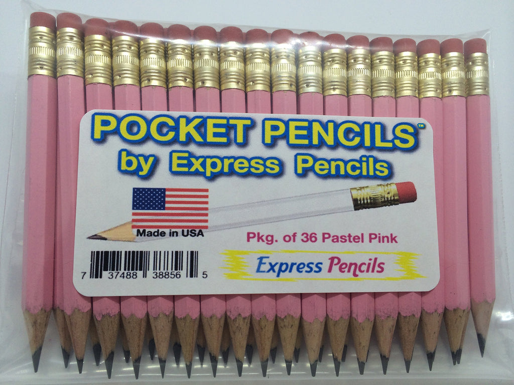 Half Pencils with Eraser - Golf, Classroom, Pew, Short, Mini - Hexagon, Sharpened, 2 Pencil, Color - Pastel Pink, Pkg of 36 Pocket Pencils by Express Pencils