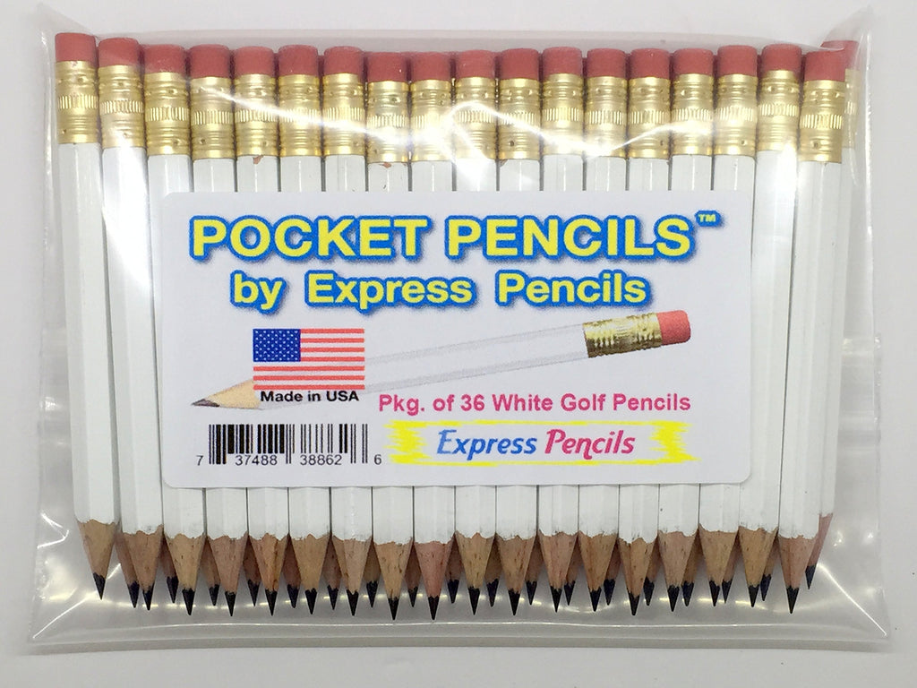 Half Pencils with Eraser - Golf, Classroom, Pew, Short, Mini, Small, Non Toxic - Hexagonal, Sharpened, 2 Pencil, Color - White, Pkg of 36 Pocket Pencils