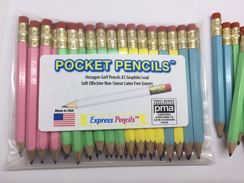 Pastel Assortment Golf Pencils with Eraser - Half, Classroom, Pew, Short, Mini, Small, Non Toxic - Hexagon, Sharpened, 2 Pencil, Color - Asst. Pastels, Pkg of 36 Pocket Pencils by Express Pencils