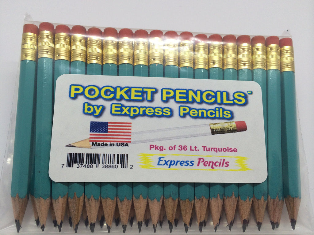 Half Pencils with Eraser - Golf, Classroom, Pew, Short, Mini - Hexagon, Sharpened, 2 Pencil, Color - Light Turquoise, Pkg of 36 Pocket Pencils