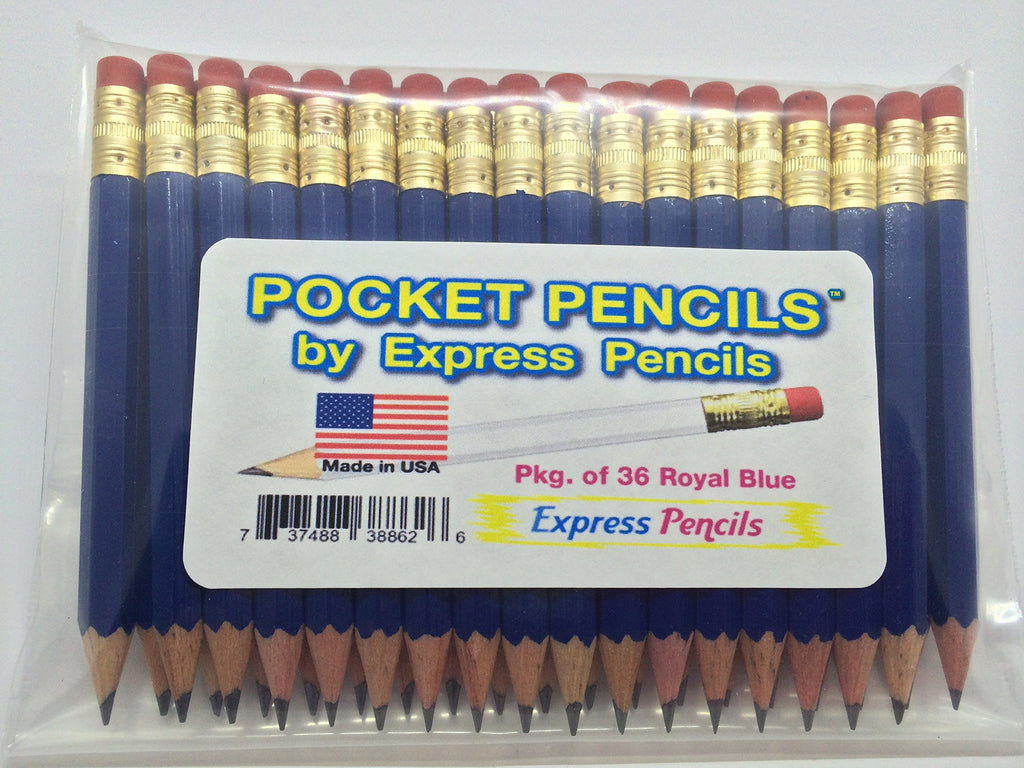 Golf Pencils with Eraser - Half, Classroom, Pew, Short, Mini, Small, Non Toxic - Hexagon, Sharpened, 2 Pencil, Color - Royal Blue, Pkg of 36 Pocket Pencils